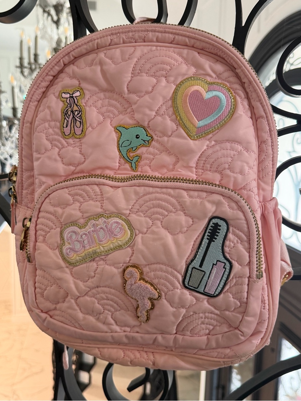 Stoney Clover Lane Barbie Pink Quilted Kids Mini Backpack with Patch Motifs